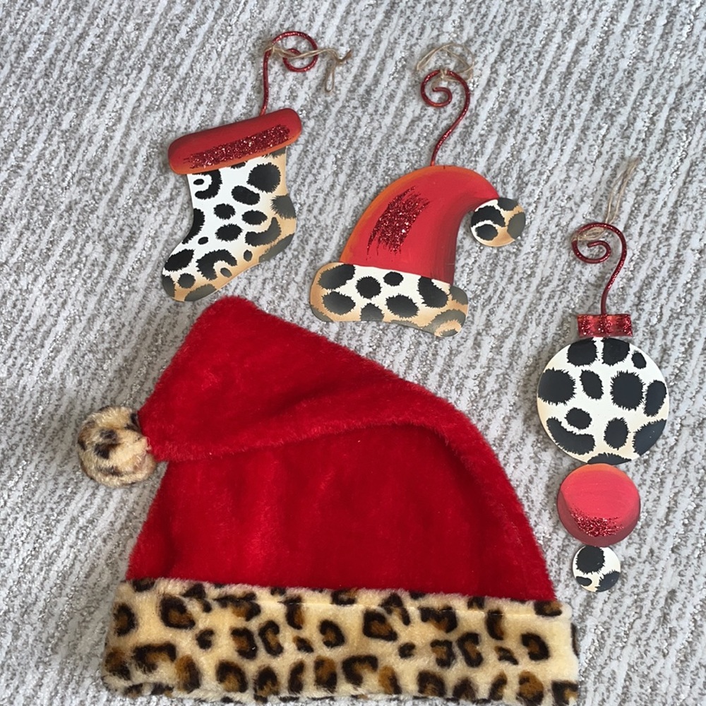 RT Collection Leopard Print Metal Ornament Trio & Leopard Print Santa Hat